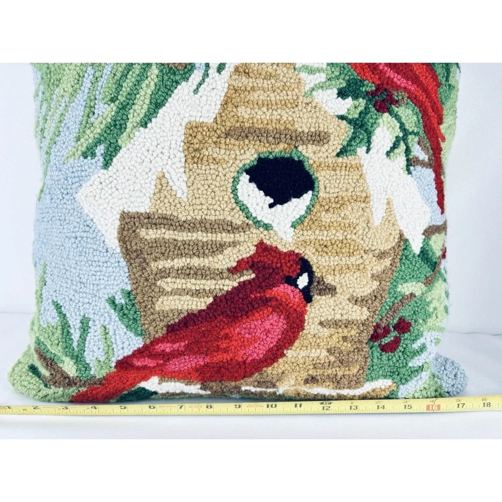 Winter Cardinal Bird House Hooked Wool Throw Pillow Cushion Holiday Christmas